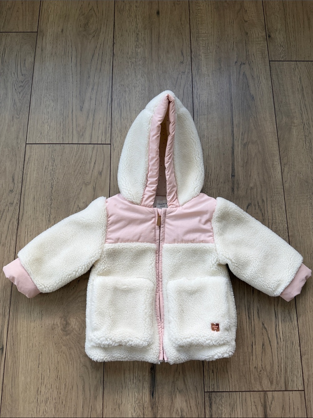 Carrement Beau Cream & Pink Sherpa Hooded Jacket Girl’s 12M Pockets Full Zip
